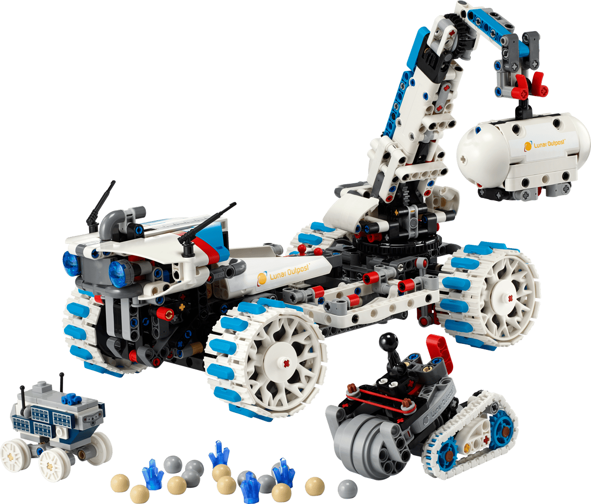 The fully built white and gray Technic Moon Rover LEGO space vehicle showcasing its heavy duty rubber tires and functional crane arm side by side with the mining scout