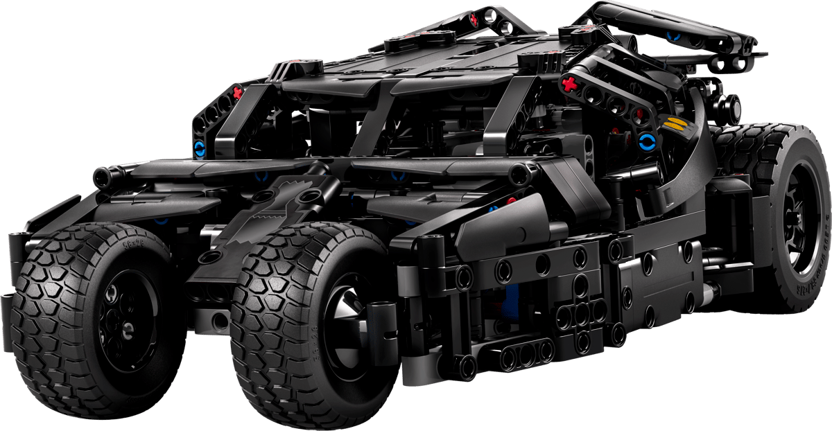 LEGO Batmobile Tumbler 76240 vehicle model built inside a premium acrylic display box on a dark wooden shelf