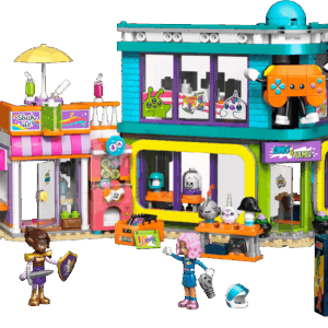 Comic Shop Vitrine housing the completed LEGO Icons modular game store set