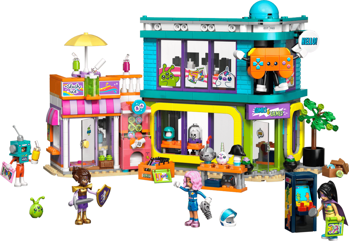 Comic Shop Vitrine housing the completed LEGO Icons modular game store set