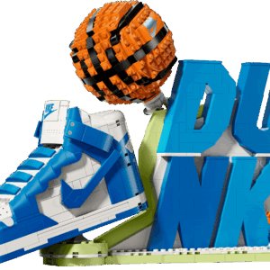 Hypebeast Sneaker Canopy protecting the blue and white LEGO Nike Dunk collaboration set