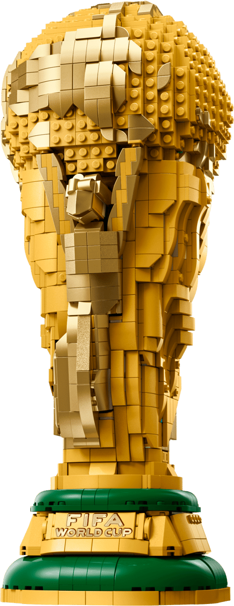 A flawless 1:1 scale golden replica of the Official World Cup trophy displayed inside a clear museum grade glass presentation cabinet with a solid black display base