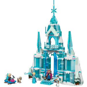 The factory-sealed retail box for the Elsa's Ice Palace LEGO Disney set showing the towering translucent blue and white castle facade surrounded by mini-dolls, a snow sled, and a baby reindeer