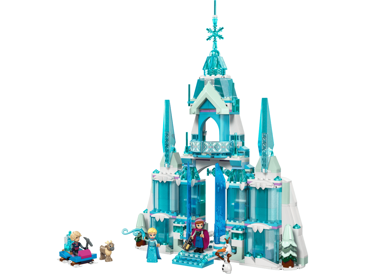 The factory-sealed retail box for the Elsa's Ice Palace LEGO Disney set showing the towering translucent blue and white castle facade surrounded by mini-dolls, a snow sled, and a baby reindeer