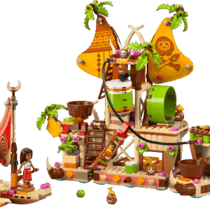 A detailed view of the Kakamora Barge LEGO hull separating into three smaller independent pirate rafts on a table layout