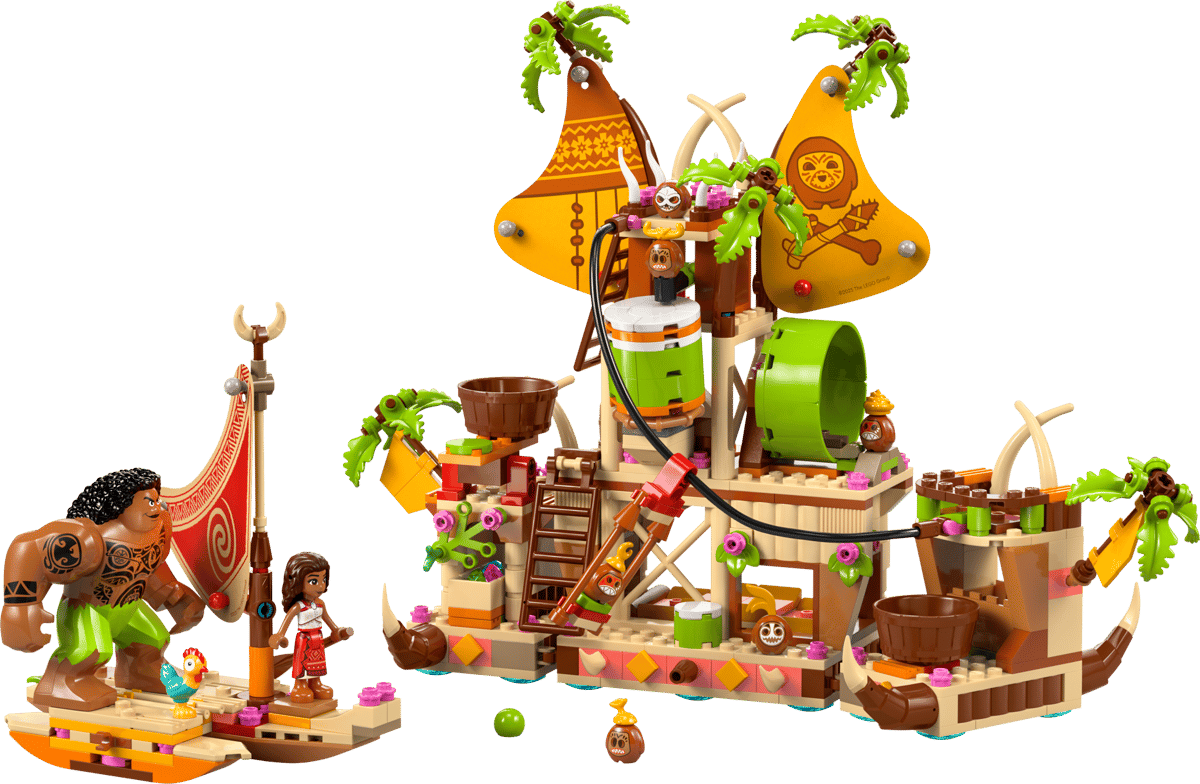 A detailed view of the Kakamora Barge LEGO hull separating into three smaller independent pirate rafts on a table layout