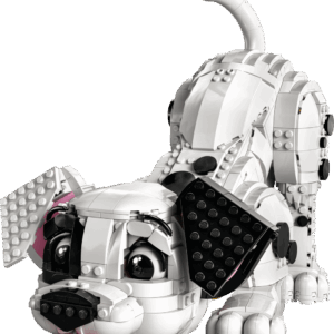 LEGO 101 Dalmatians Puppy set 43269 showing a large detailed brick built dog with a playful pose and stuck out tongue next to its box
