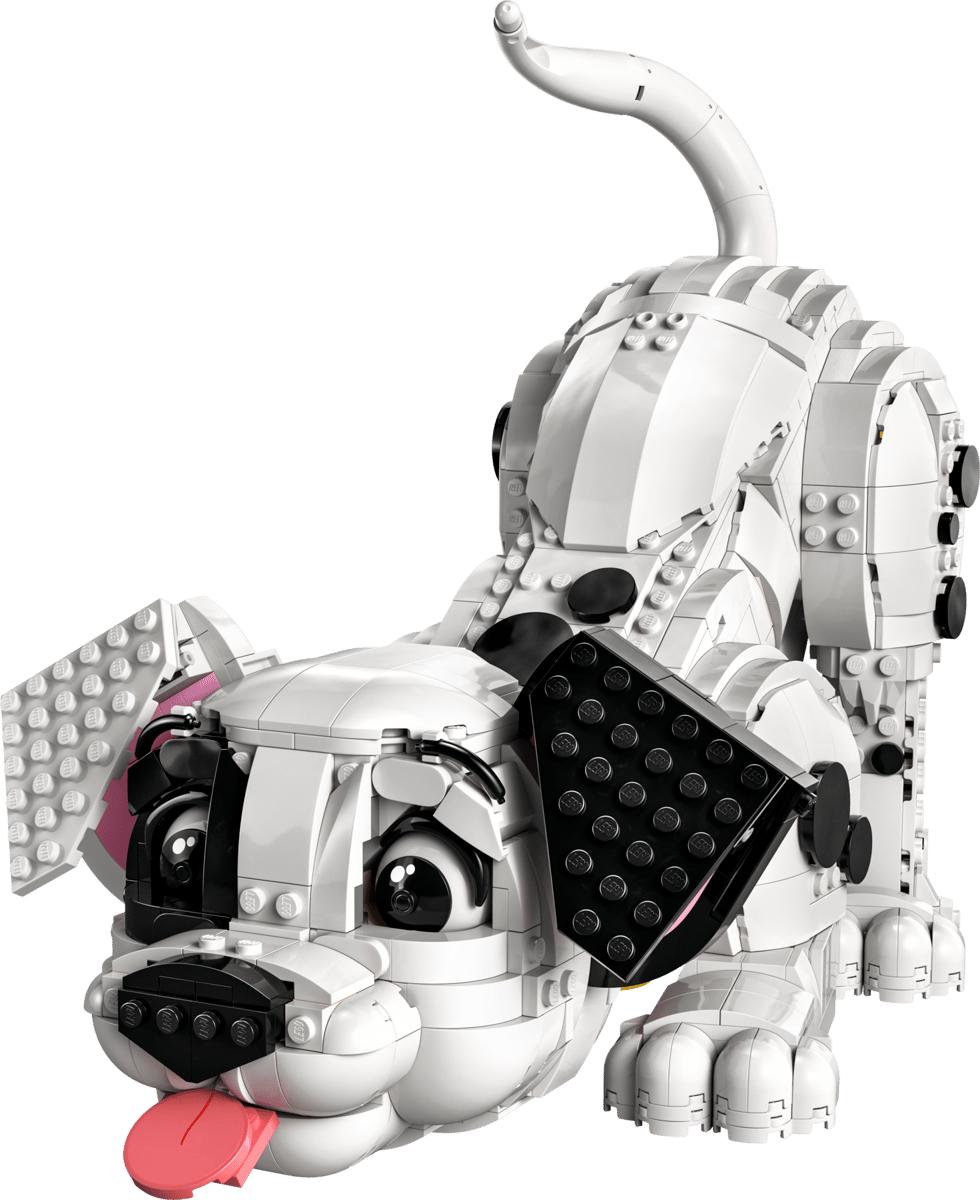 LEGO 101 Dalmatians Puppy set 43269 showing a large detailed brick built dog with a playful pose and stuck out tongue next to its box