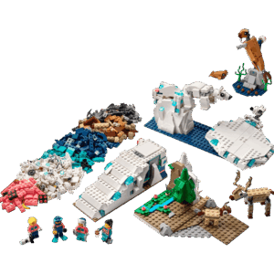 A macro display showing a completed Arctic Animals LEGO scene with a large white polar bear holding a fish standing next to its small cub on a white brick ice floe surrounded by translucent blue water plates