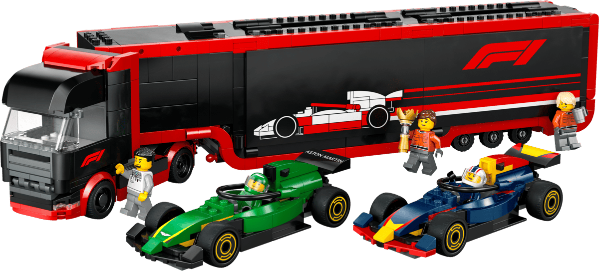 Top view of the built dark blue Oracle Red Bull Racing RB20 single seater vehicle from the F1 Cars LEGO Speed Champions collection showing authentic sponsorships and tire molds