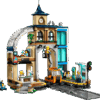 The factory sealed retail box for the Central Train Station LEGO City set showcasing a modern terminal building with a blue commuter bus a yellow rail truck on the tracks and multiple worker minifigures