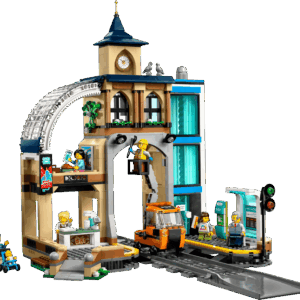 The factory sealed retail box for the Central Train Station LEGO City set showcasing a modern terminal building with a blue commuter bus a yellow rail truck on the tracks and multiple worker minifigures