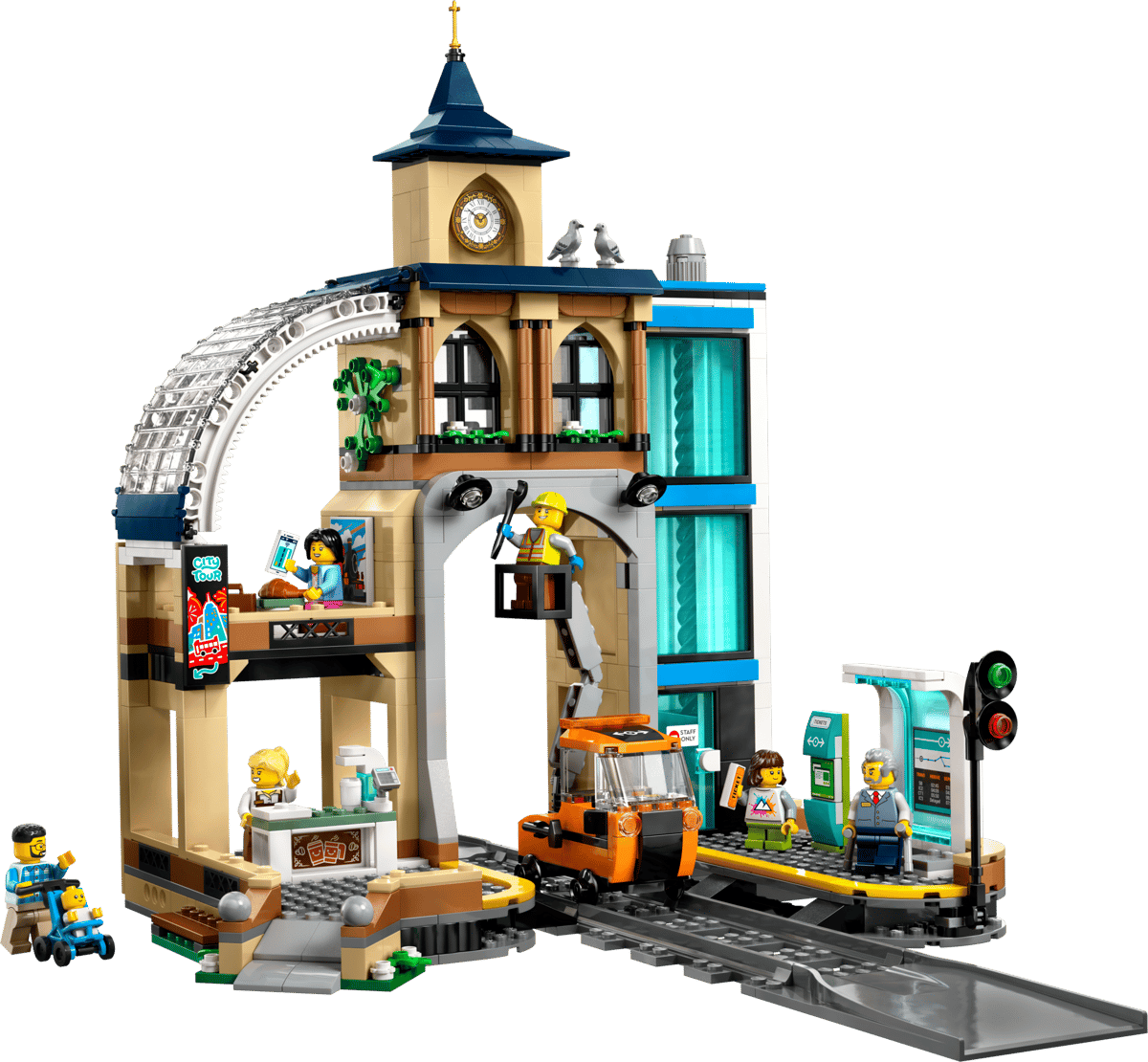 The factory sealed retail box for the Central Train Station LEGO City set showcasing a modern terminal building with a blue commuter bus a yellow rail truck on the tracks and multiple worker minifigures