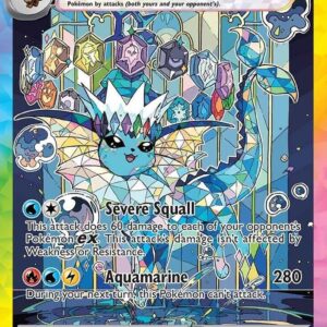Vaporeon ex Special Illustration card showcasing Vaporeon with a crystalline Tera crown against a colorful stained-glass background