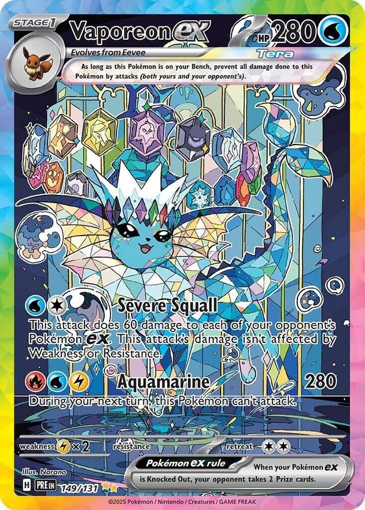 Vaporeon ex Special Illustration card showcasing Vaporeon with a crystalline Tera crown against a colorful stained-glass background
