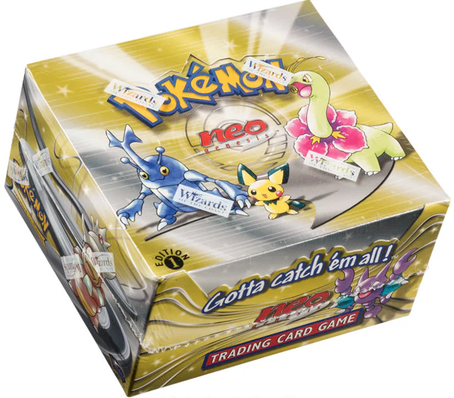 Vintage Booster Shield protecting a sealed WOTC Neo Genesis Pokemon booster pack