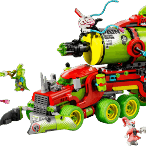 LEGO DREAMZzz Mateo's Spray Paint Truck 71499 set featuring a red and neon green truck with a massive top-mounted slime cannon