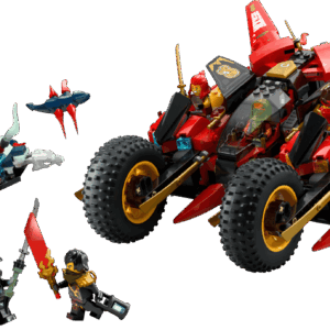 A side view highlighting the Ninja Vehicle LEGO frame mechanically separating into two distinct motorcycles and an overhead flight jet