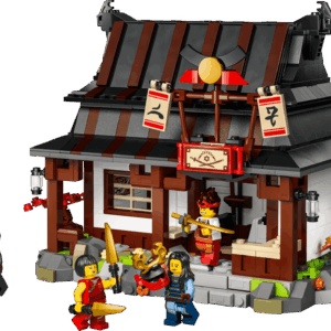LEGO 15th anniversary NINJAGO Blacksmith Forge 71858 set showing the hinged village forge split open to display the internal workshop