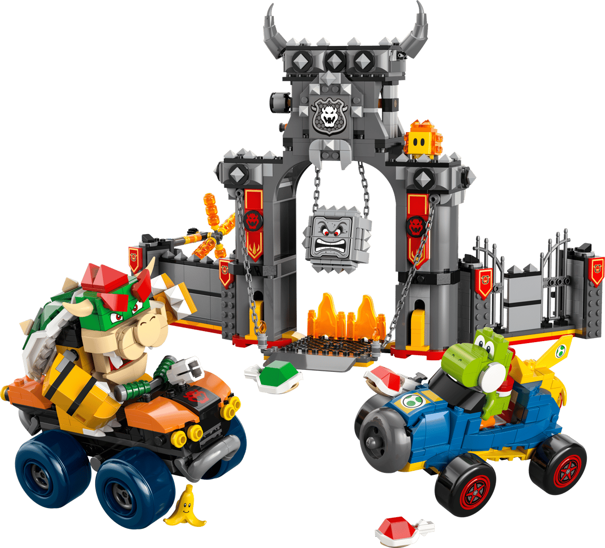 LEGO Super Mario Kart Track Set Bowser's Castle 72036 expansion set showing the main volcanic towers and racing track loops