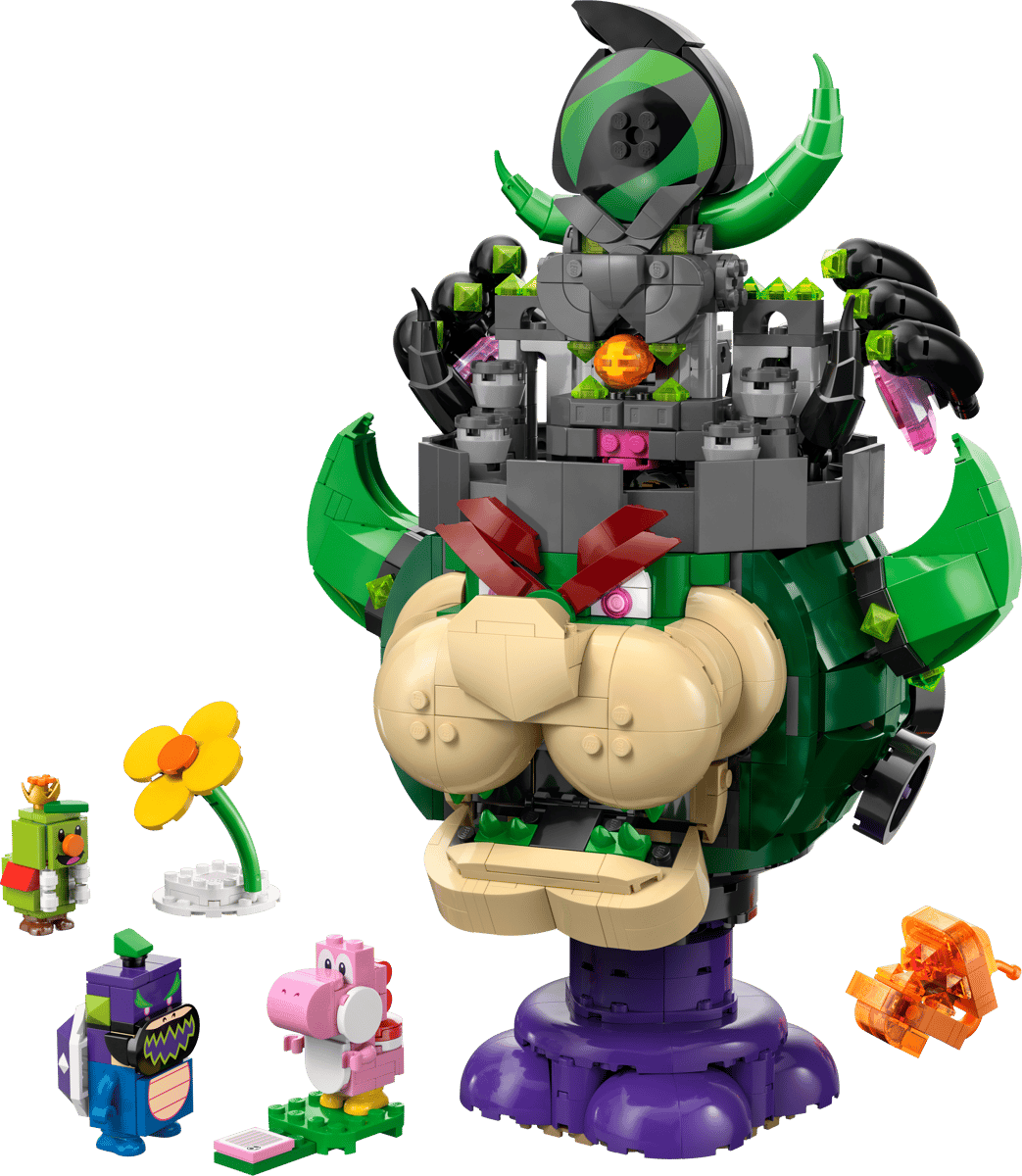 LEGO Super Mario Bowser's Castle 71423 expansion set displaying the large bone gate entrance and lava towers