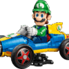 LEGO Mario Kart Luigi & Mach 8 box art showing the large brick built model of Luigi driving his signature blue and yellow racing kart with a black presentation backdrop