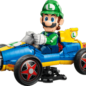 LEGO Mario Kart Luigi & Mach 8 box art showing the large brick built model of Luigi driving his signature blue and yellow racing kart with a black presentation backdrop