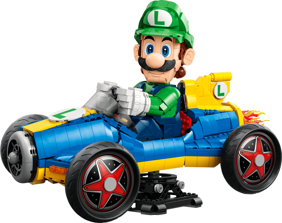 LEGO Mario Kart Luigi & Mach 8 box art showing the large brick built model of Luigi driving his signature blue and yellow racing kart with a black presentation backdrop