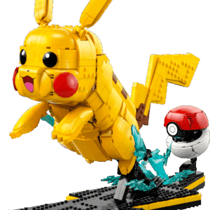 The premium factory box art showcasing a large highly detailed brick built Pikachu figure dynamic leaping into the air next to a classic red and white Poke Ball model
