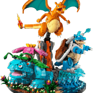 The fully assembled LEGO Pokemon Starters diorama set showcasing the brick built Venusaur in a green jungle Charizard over a red lava volcano and Blastoise standing on a sandy beach base