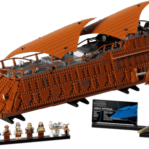 The factory box art displaying the massive premium dark orange brown brick build of the Jabbas Sail Barge UCS vehicle floating across a black collector background under real orange textile sails