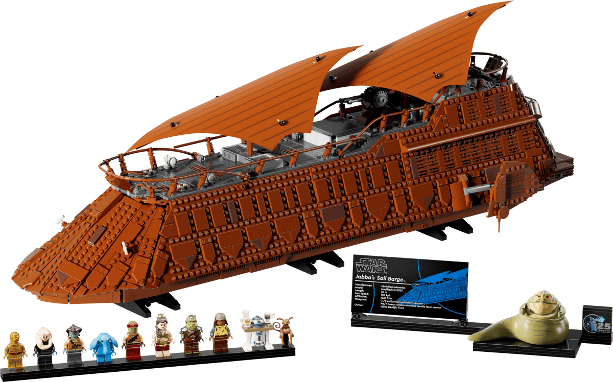 The factory box art displaying the massive premium dark orange brown brick build of the Jabbas Sail Barge UCS vehicle floating across a black collector background under real orange textile sails