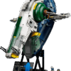 LEGO Jango Fett's Firespray-Class Starship UCS model built in sand blue and white livery standing upright in vertical flight position on its black display stand with information plaque