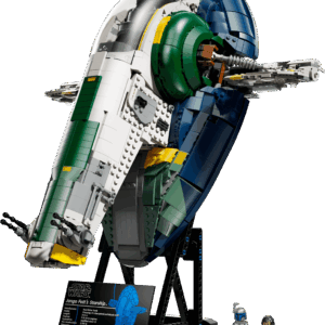 LEGO Jango Fett's Firespray-Class Starship UCS model built in sand blue and white livery standing upright in vertical flight position on its black display stand with information plaque