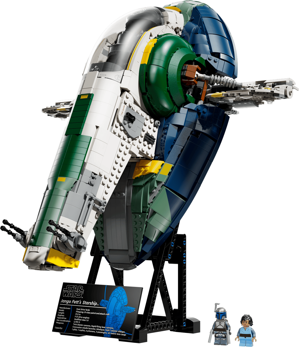 LEGO Jango Fett's Firespray-Class Starship UCS model built in sand blue and white livery standing upright in vertical flight position on its black display stand with information plaque