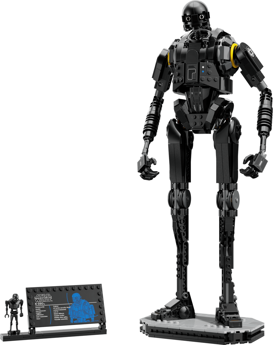 LEGO Star Wars K-2SO 75120 buildable constraction figure displaying its tall black mechanical frame and Imperial shoulder insignia
