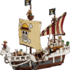 LEGO Going Merry Pirate Ship 75639 fully built with printed fabric Straw Hat sails showing Luffy sitting on the carved sheep figurehead