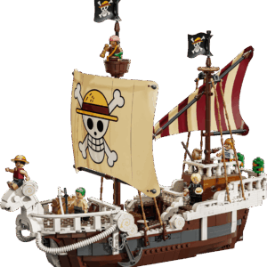 LEGO Going Merry Pirate Ship 75639 fully built with printed fabric Straw Hat sails showing Luffy sitting on the carved sheep figurehead