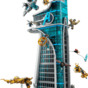 LEGO Avengers Tower Marvel model built standing over three feet tall with transparent blue window walls featuring a small brick-built Quinjet banking away from the hangar platform