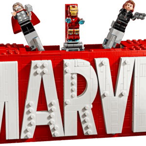 Wall mounted Marvel Logo Display Case loaded with LEGO bricks and dozens of comic minifigures