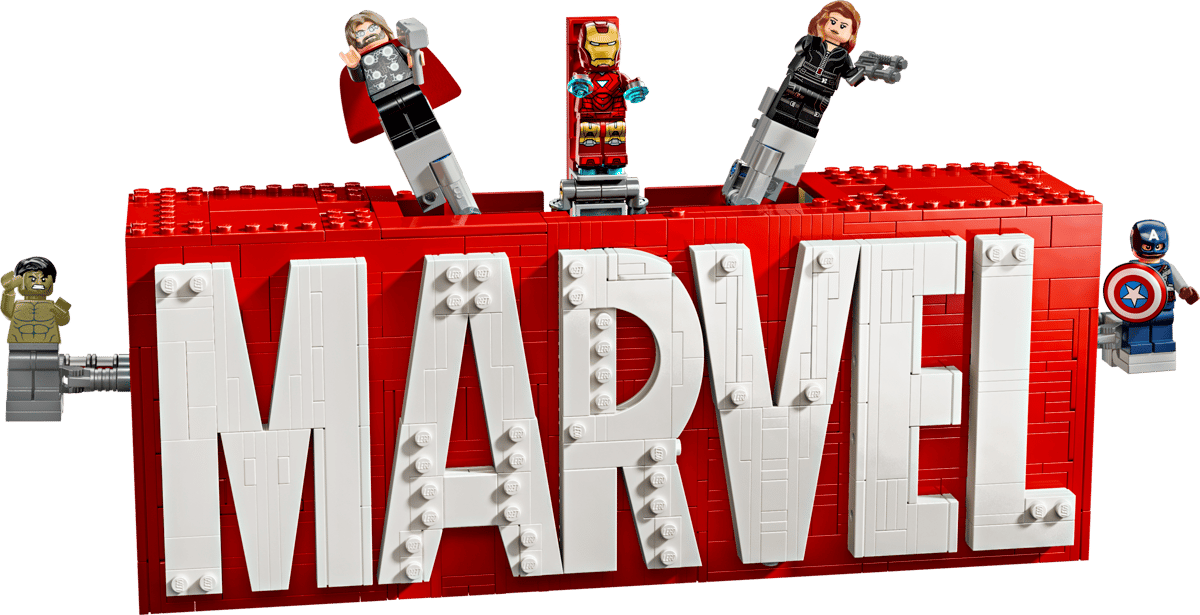 Wall mounted Marvel Logo Display Case loaded with LEGO bricks and dozens of comic minifigures
