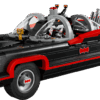 LEGO 1966 Batmobile large scale collector vehicle model showing the sleek black chassis with vibrant red pinstripes and dual bubble windshield panels on a dark premium display box graphic