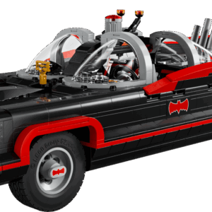 LEGO 1966 Batmobile large scale collector vehicle model showing the sleek black chassis with vibrant red pinstripes and dual bubble windshield panels on a dark premium display box graphic