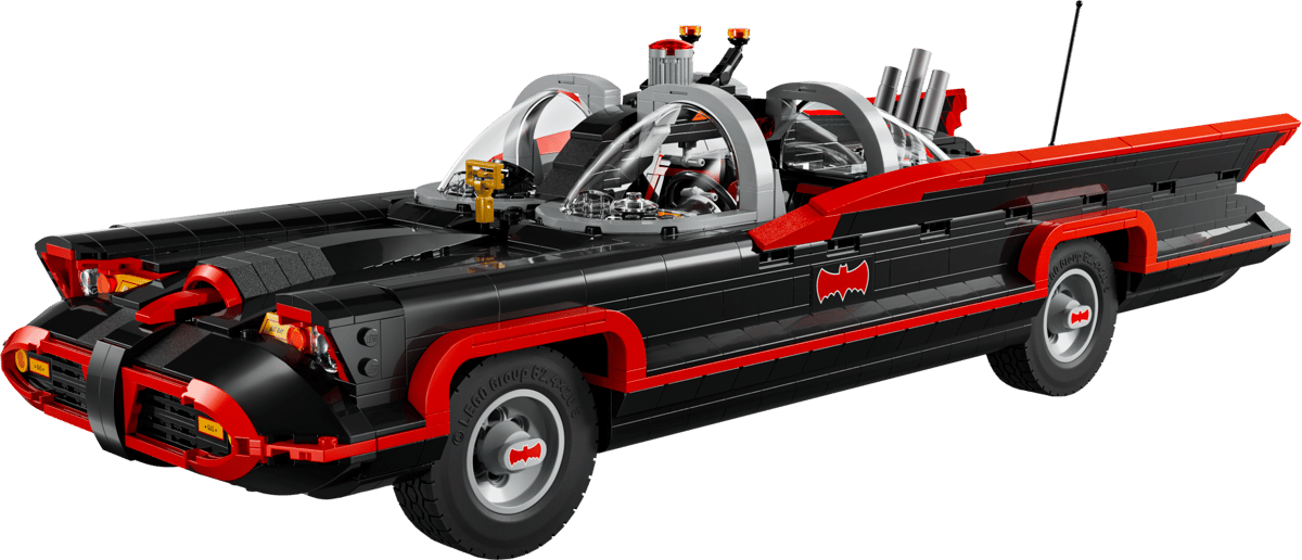LEGO 1966 Batmobile large scale collector vehicle model showing the sleek black chassis with vibrant red pinstripes and dual bubble windshield panels on a dark premium display box graphic