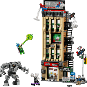 Metropolitan News Shield enclosing the tall LEGO Marvel Daily Bugle skyscraper set