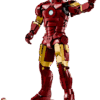 LEGO Iron Man Mark 3 fully assembled figure standing on a metallic looking display base next to an exclusive Tony Stark minifigure