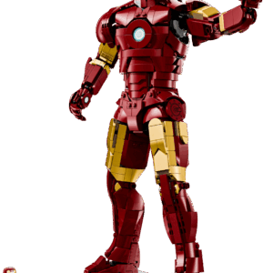 LEGO Iron Man Mark 3 fully assembled figure standing on a metallic looking display base next to an exclusive Tony Stark minifigure