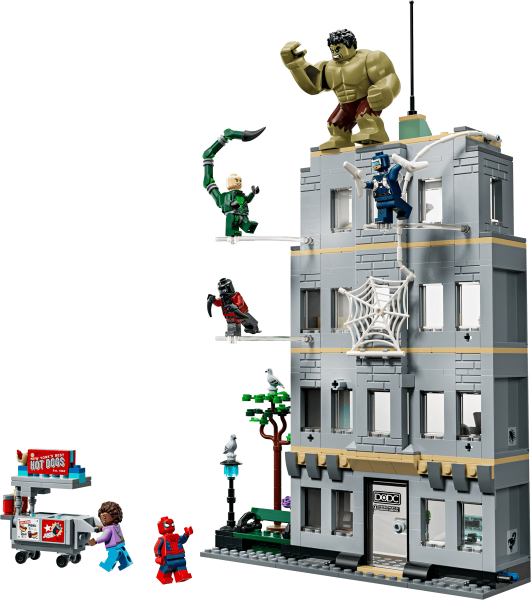 Spider-Man vs. Hulk epic arena battle set featuring a buildable green monster figure and web jet vehicle