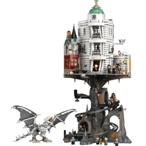 The factory box art rendering the tall vertical structure of the Gringotts Collectors Edition featuring the white upper bank built over a rocky underground mine cart track system