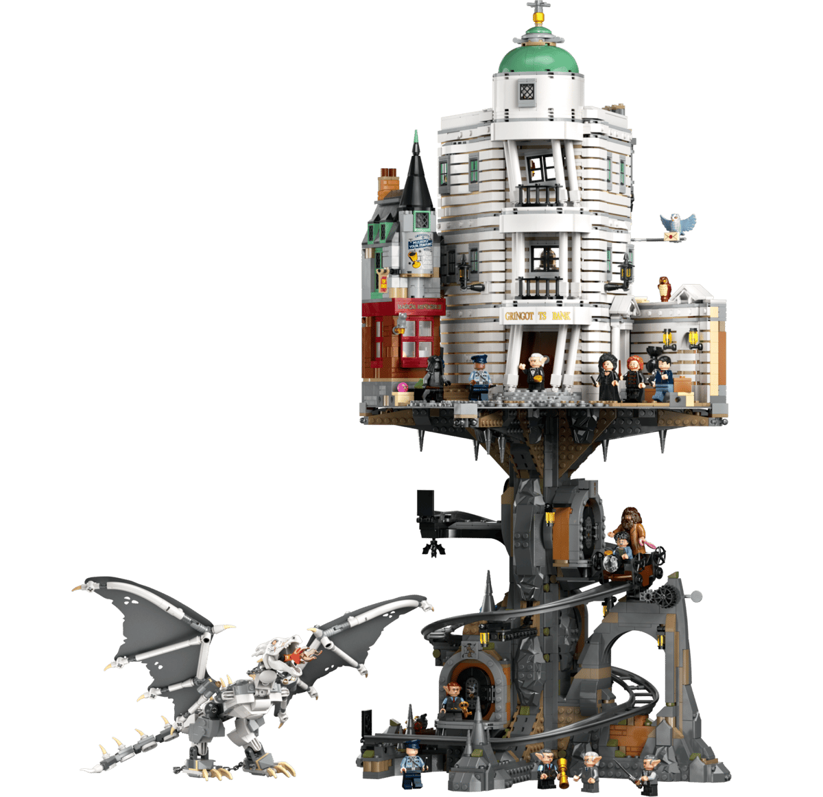 The factory box art rendering the tall vertical structure of the Gringotts Collectors Edition featuring the white upper bank built over a rocky underground mine cart track system